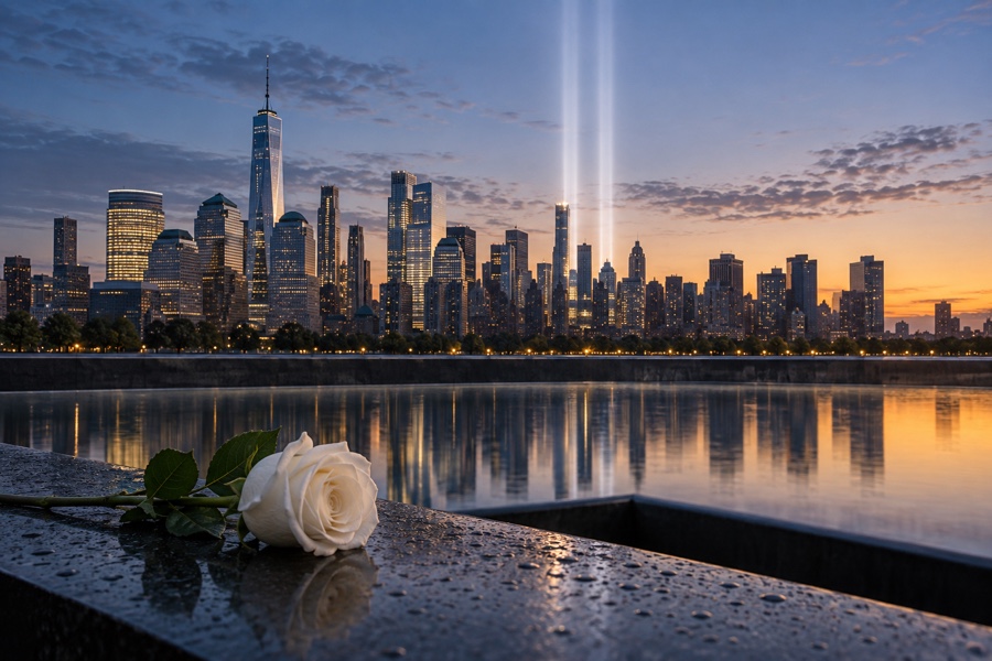 Memorial urbano com duas colunas de luz ao anoitecer