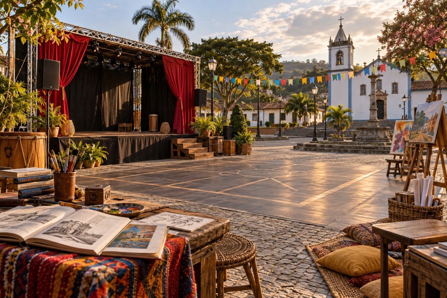 Praça preparada para festival com palco e materiais artísticos