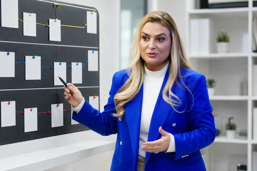 Alessandra Tezza explica rotas alternativas em quadro de planejamento
