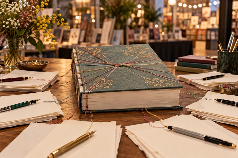 Livro coletivo cercado por manuscritos e canetas em feira literária