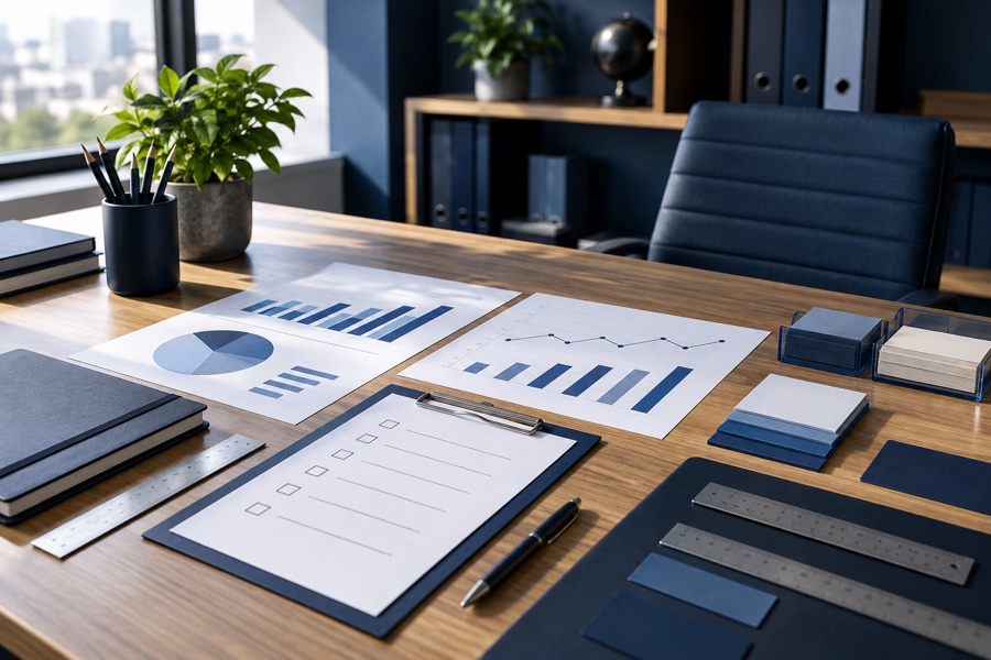Mesa de avaliação com gráficos, checklist e instrumentos de medição