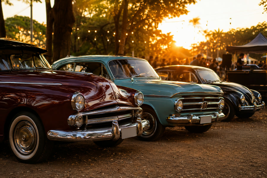 Carros antigos em encontro cultural representam o Back to the Classics