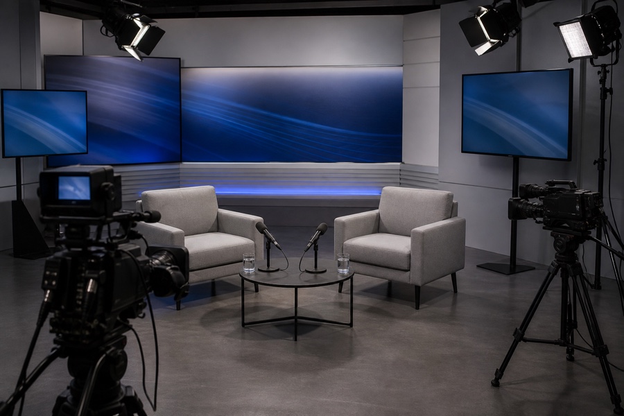 Estúdio de entrevistas com duas poltronas, microfones e câmeras