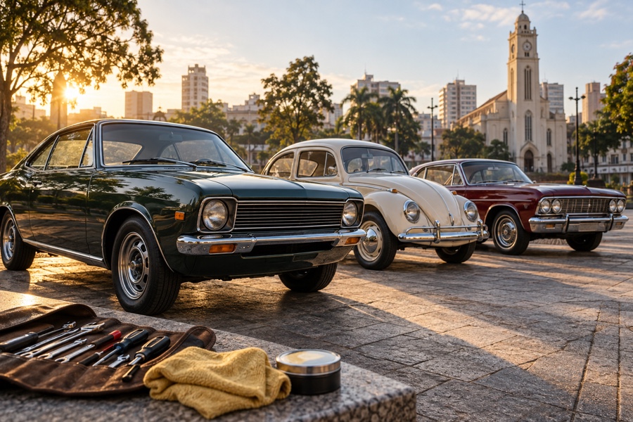 Carros antigos reunidos em praça urbana