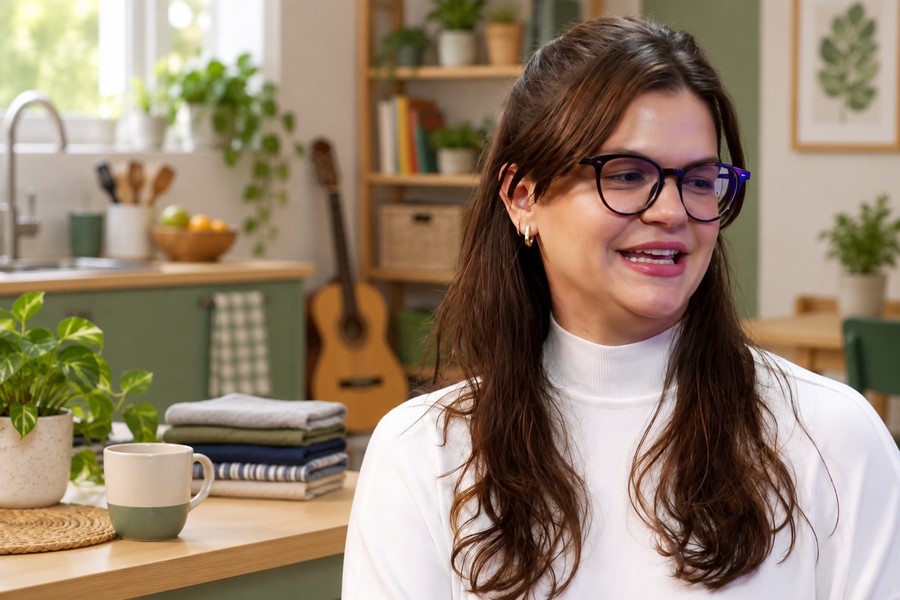 Composição ilustrativa de Carolina Afonso em ambiente doméstico com roupas dobradas e utensílios.