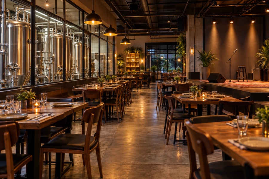 Salão de cervejaria e restaurante com palco para eventos