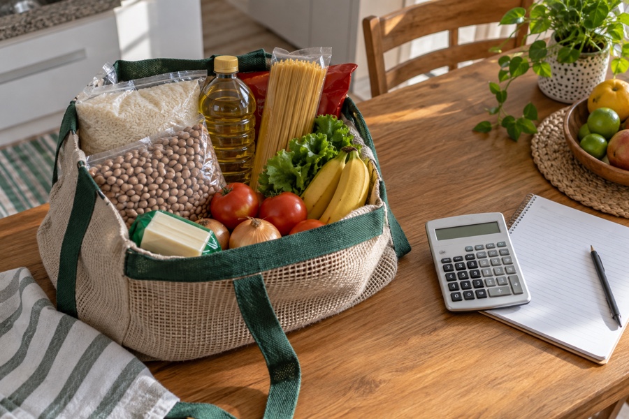Cesta de compras com alimentos e itens básicos de consumo