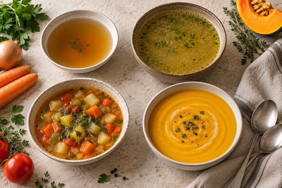 Fotografia editorial ilustrativa vista de cima com quatro tigelas distintas: consommé transparente, caldo, sopa com pedaços e creme de abóbora