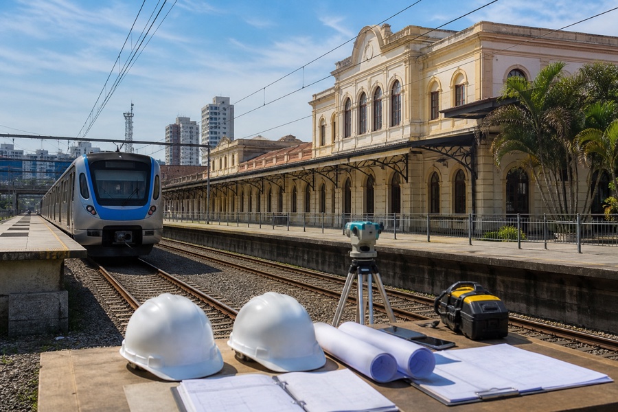 Estação ferroviária com trem, edifício histórico e equipamentos de engenharia
