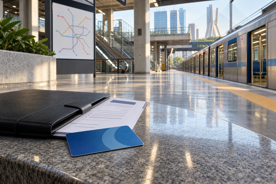 Cartão de transporte e currículo em estação metropolitana
