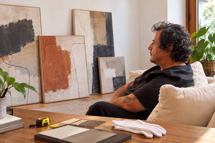 Retrato editorial de Douglas Ferreira avaliando arte em ambiente residencial
