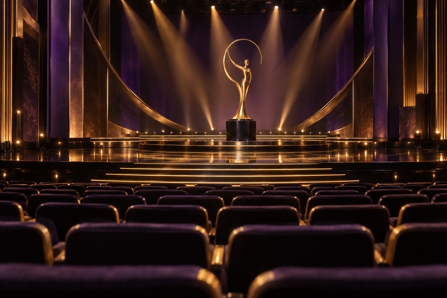 Auditório de premiação televisiva vazio, iluminação roxa e dourada e escultura abstrata