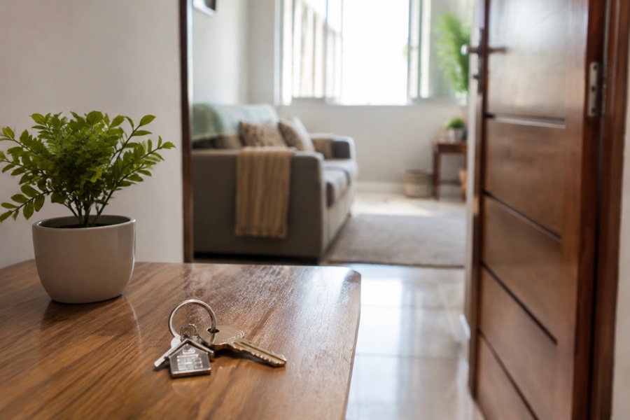 Chave diante de porta de apartamento, em imagem sobre auxílio-moradia para vítimas de violência