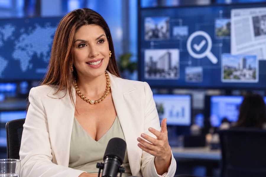 Carina Batista em entrevista numa redação com elementos visuais de verificação ao fundo