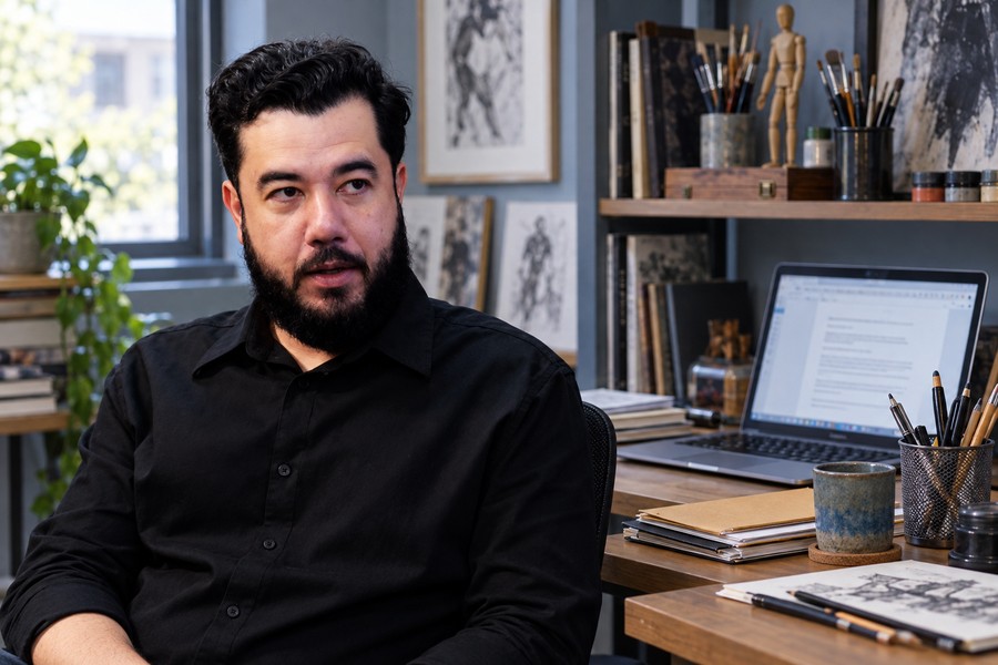 William Pimentel em composição ilustrativa de espaço de trabalho com computador e documentos
