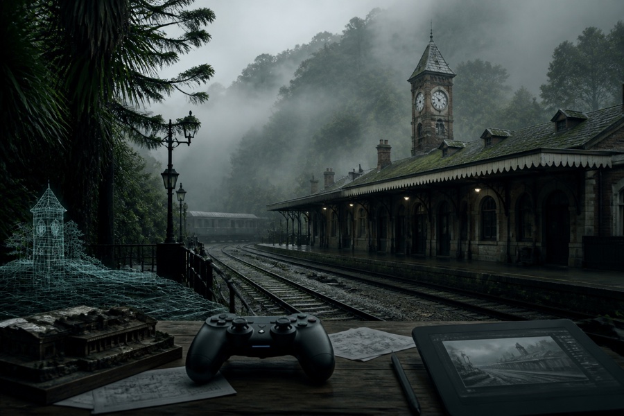 Vila ferroviária envolta em neblina com controle de videogame e mesa de desenvolvimento