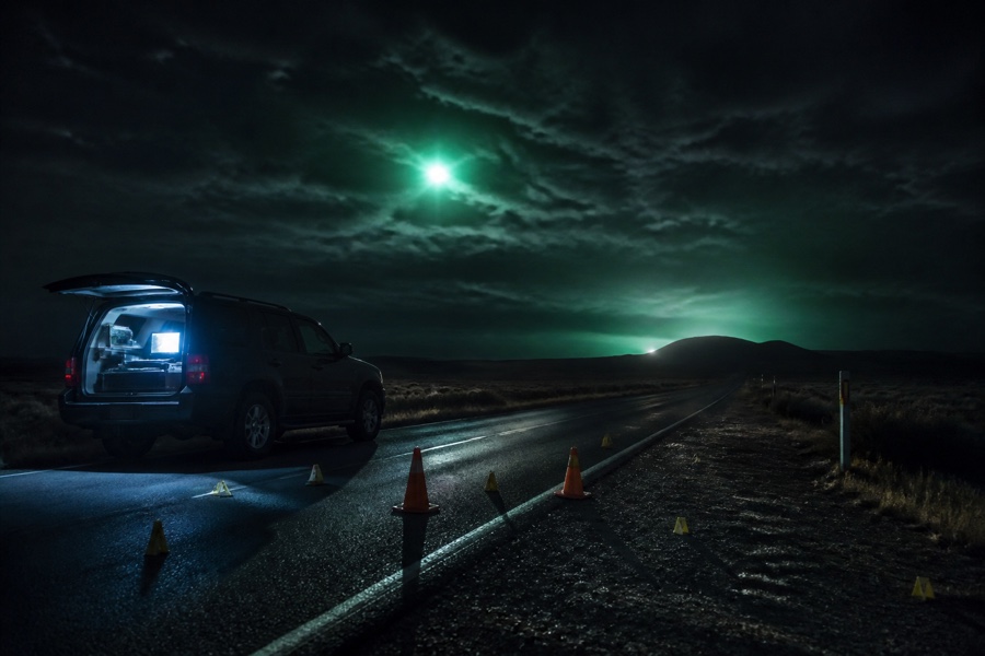Estrada rural noturna com veículo de investigação e luz verde no céu