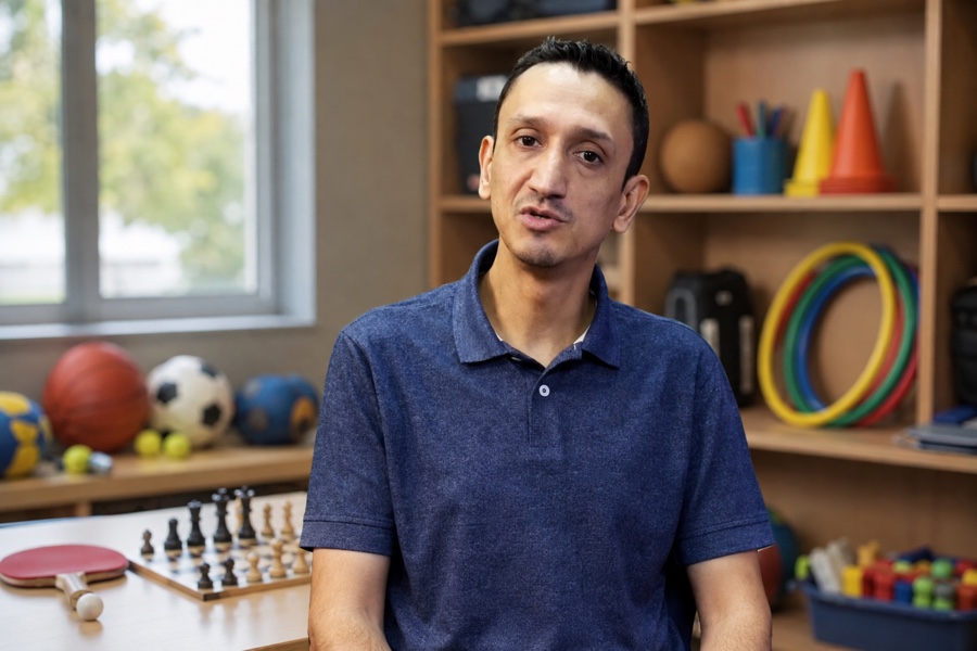 Piero Trentim em sala de aprendizagem com materiais de diferentes modalidades esportivas