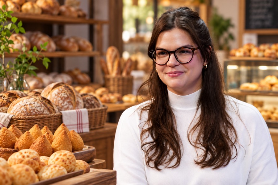 Composição ilustrativa de Carolina Afonso em ambiente de padaria, com pães e salgados.