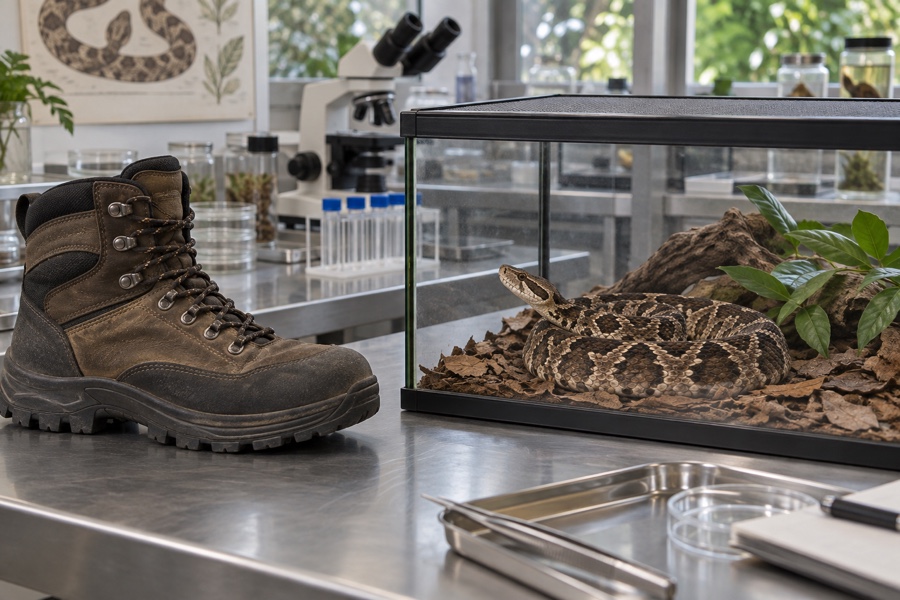 Jararaca em recinto científico ao lado de bota de proteção