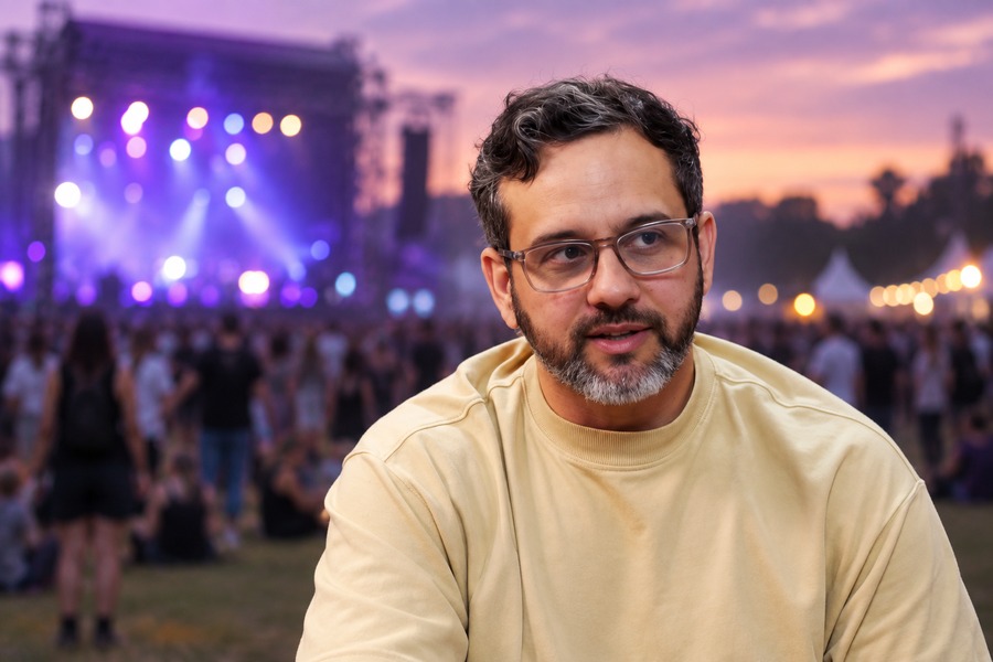Edição do frame do episódio em 2939s: preservar o participante de camisa amarela e substituir o cenário por ambiente de festival ao entardecer