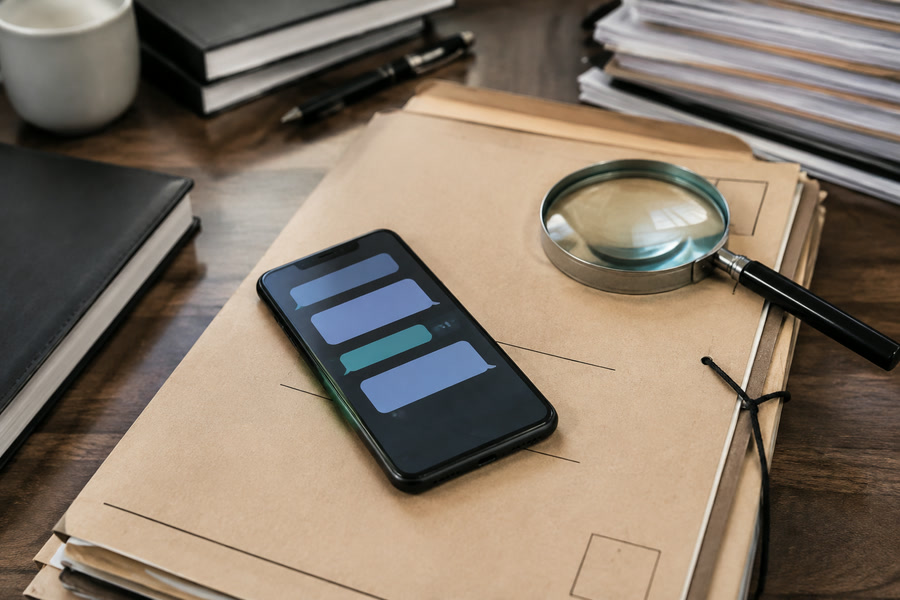 Dossiê, smartphone com mensagens abstratas e lupa em mesa de investigação