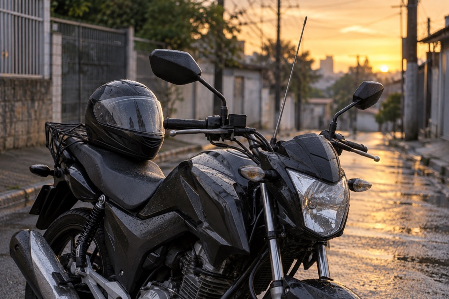Motocicleta com antena corta-pipa e capacete em rua molhada