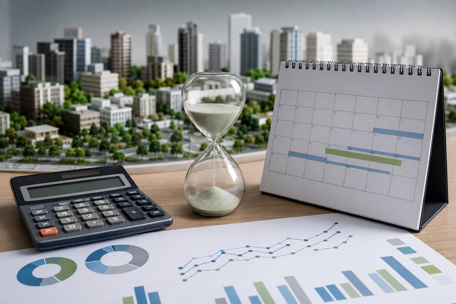 Calendário, calculadora e documentos em imagem sobre planejamento previdenciário municipal
