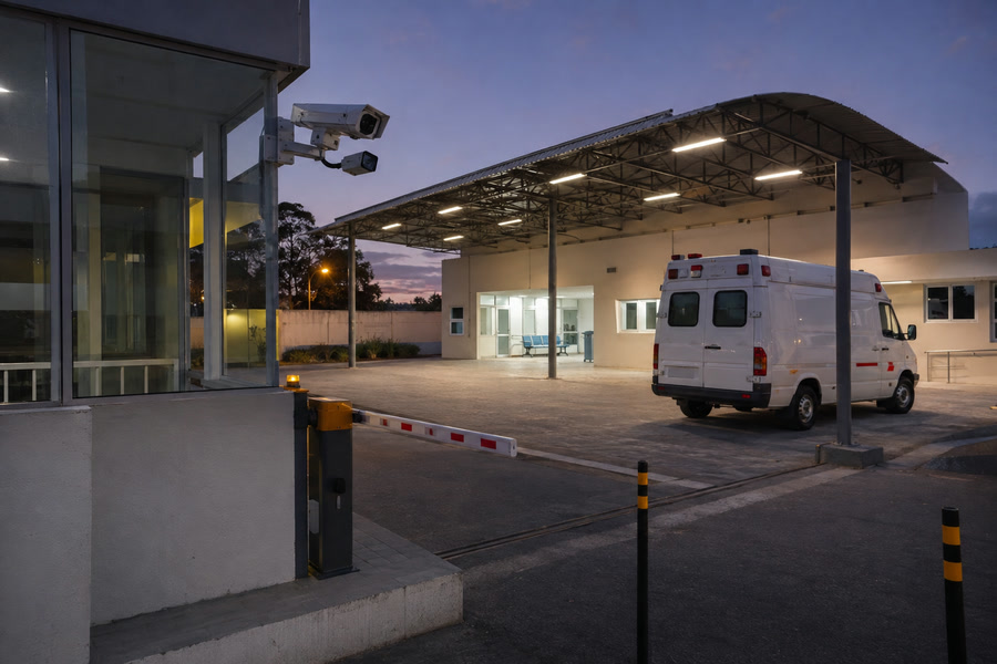 Entrada de unidade de pronto atendimento com ambulância e câmeras de monitoramento