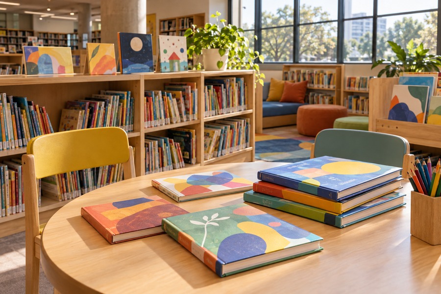 Biblioteca infantil com livros e luz acolhedora